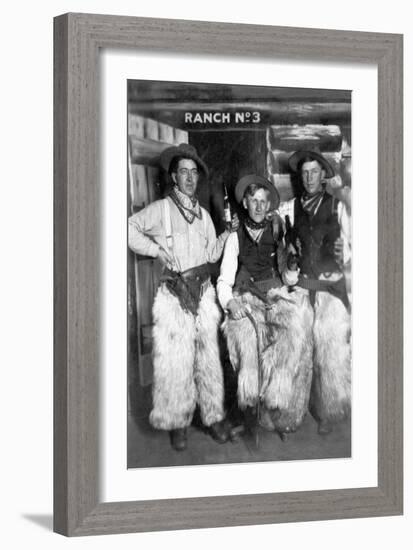 Men Dressed as Cowboys with Bottles of Whiskey-Lantern Press-Framed Art Print