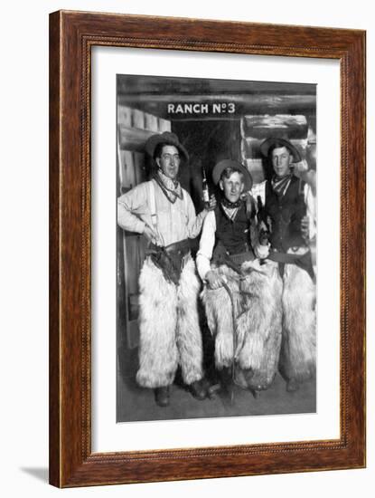 Men Dressed as Cowboys with Bottles of Whiskey-Lantern Press-Framed Art Print