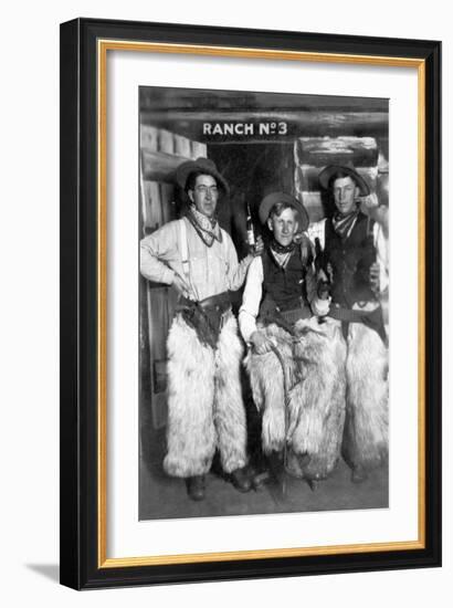 Men Dressed as Cowboys with Bottles of Whiskey-Lantern Press-Framed Art Print