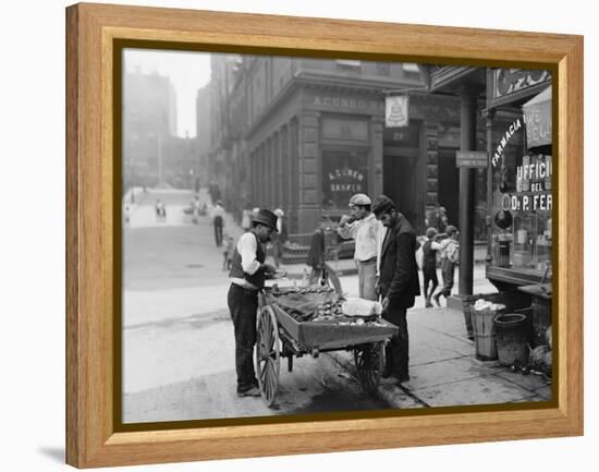 Men Eating Fresh Clams from a Pushcart Peddler in NYC's Italian Quarter-null-Framed Stretched Canvas