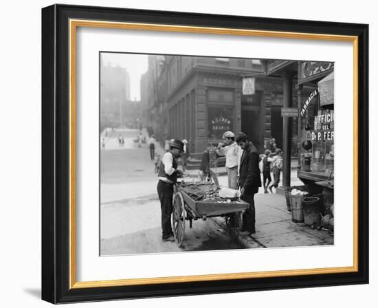 Men Eating Fresh Clams from a Pushcart Peddler in NYC's Italian Quarter-null-Framed Photo