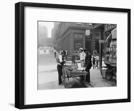 Men Eating Fresh Clams from a Pushcart Peddler in NYC's Italian Quarter-null-Framed Photo