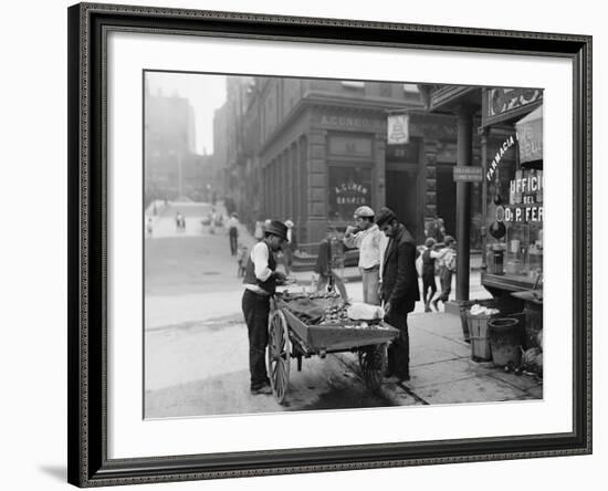 Men Eating Fresh Clams from a Pushcart Peddler in NYC's Italian Quarter-null-Framed Photo