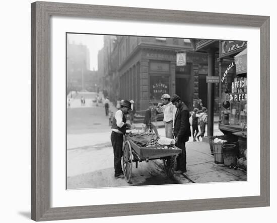 Men Eating Fresh Clams from a Pushcart Peddler in NYC's Italian Quarter-null-Framed Photo