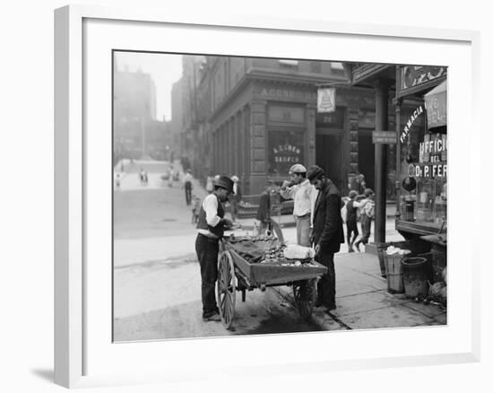 Men Eating Fresh Clams from a Pushcart Peddler in NYC's Italian Quarter-null-Framed Photo