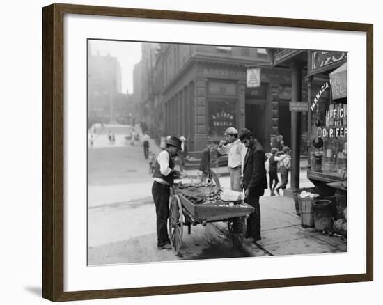 Men Eating Fresh Clams from a Pushcart Peddler in NYC's Italian Quarter-null-Framed Photo