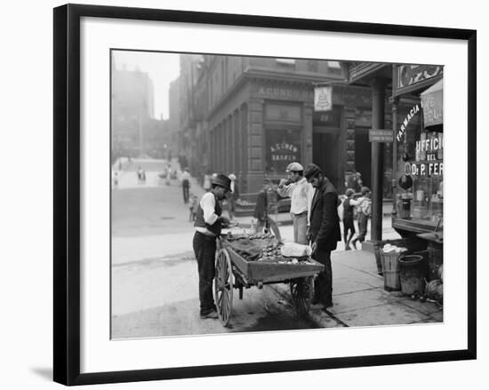 Men Eating Fresh Clams from a Pushcart Peddler in NYC's Italian Quarter--Framed Photo