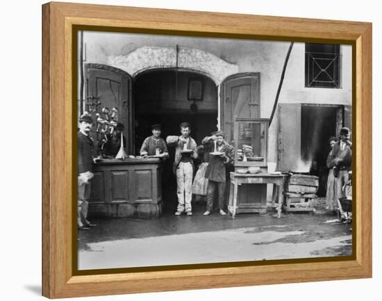 Men Eating Long Spaghetti at a Street Food Shop in Naples, Italy, Ca. 1900-null-Framed Stretched Canvas