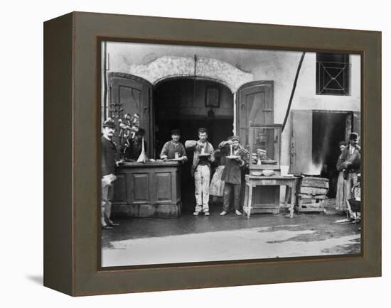 Men Eating Long Spaghetti at a Street Food Shop in Naples, Italy, Ca. 1900-null-Framed Stretched Canvas