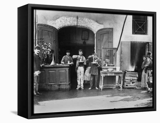 Men Eating Long Spaghetti at a Street Food Shop in Naples, Italy, Ca. 1900-null-Framed Stretched Canvas