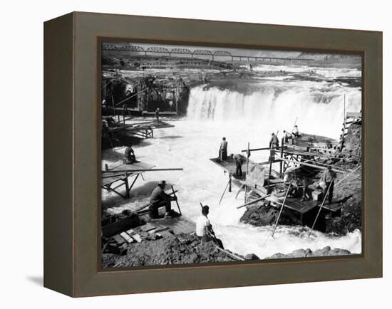 Men fishing at Celilo Falls Photograph - Columbia River, OR-Lantern Press-Framed Stretched Canvas
