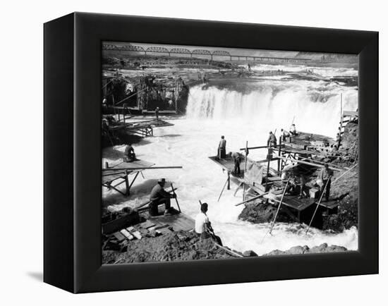 Men fishing at Celilo Falls Photograph - Columbia River, OR-Lantern Press-Framed Stretched Canvas