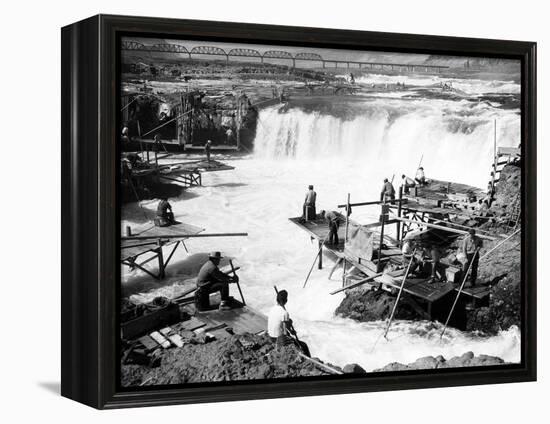 Men fishing at Celilo Falls Photograph - Columbia River, OR-Lantern Press-Framed Stretched Canvas