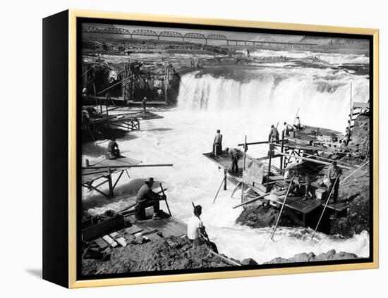 Men fishing at Celilo Falls Photograph - Columbia River, OR-Lantern Press-Framed Stretched Canvas