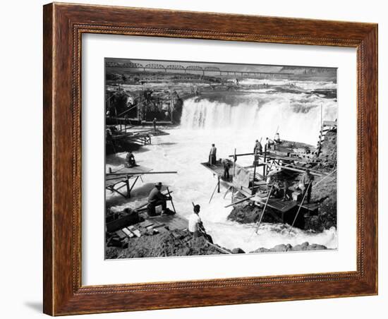 Men fishing at Celilo Falls Photograph - Columbia River, OR-Lantern Press-Framed Art Print