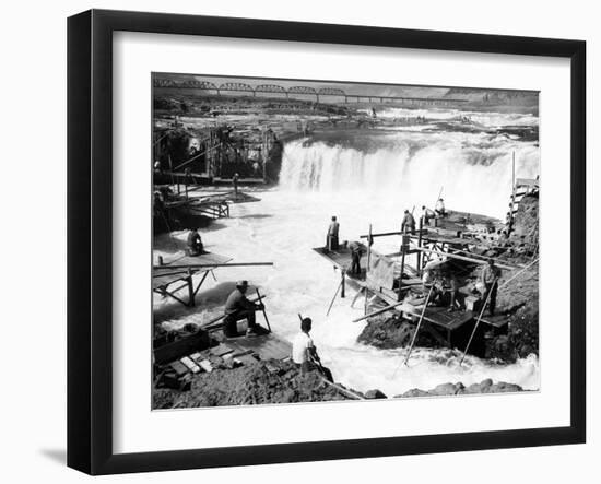 Men fishing at Celilo Falls Photograph - Columbia River, OR-Lantern Press-Framed Art Print