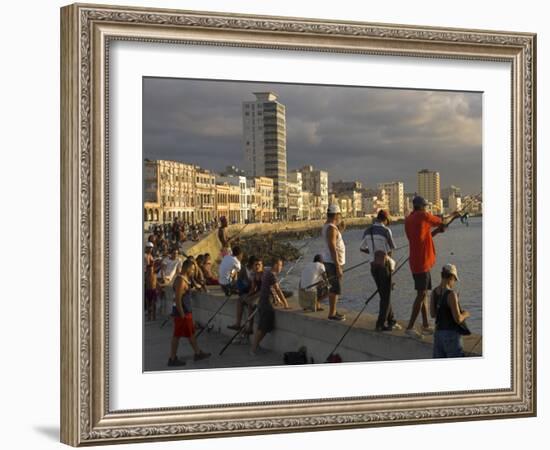 Men Fishing at Sunset, Avenue Maceo, El Malecon, Havana, Cuba, West Indies, Central America-Eitan Simanor-Framed Photographic Print