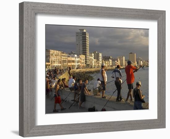 Men Fishing at Sunset, Avenue Maceo, El Malecon, Havana, Cuba, West Indies, Central America-Eitan Simanor-Framed Photographic Print