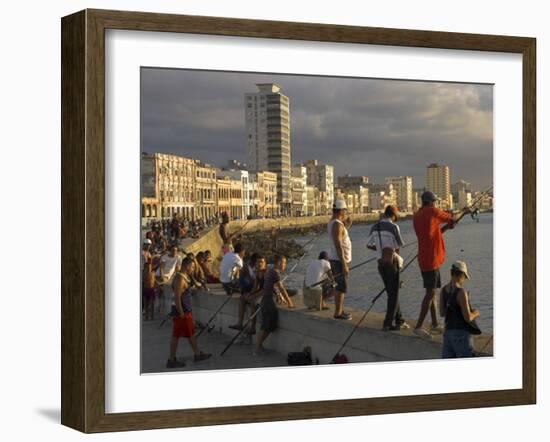 Men Fishing at Sunset, Avenue Maceo, El Malecon, Havana, Cuba, West Indies, Central America-Eitan Simanor-Framed Photographic Print