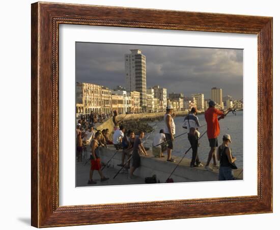 Men Fishing at Sunset, Avenue Maceo, El Malecon, Havana, Cuba, West Indies, Central America-Eitan Simanor-Framed Photographic Print