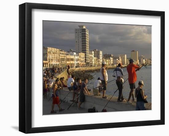 Men Fishing at Sunset, Avenue Maceo, El Malecon, Havana, Cuba, West Indies, Central America-Eitan Simanor-Framed Photographic Print