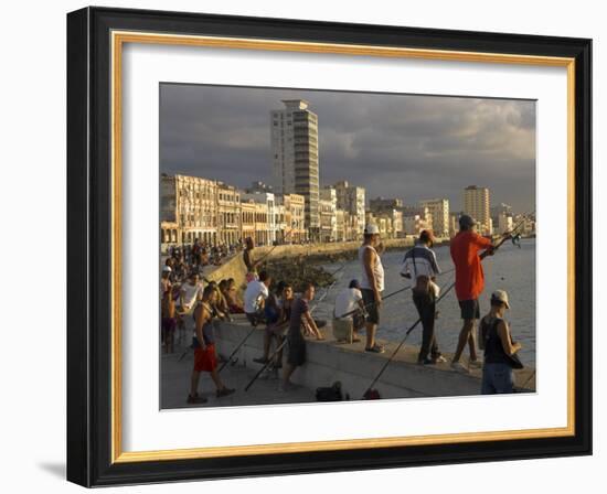 Men Fishing at Sunset, Avenue Maceo, El Malecon, Havana, Cuba, West Indies, Central America-Eitan Simanor-Framed Photographic Print