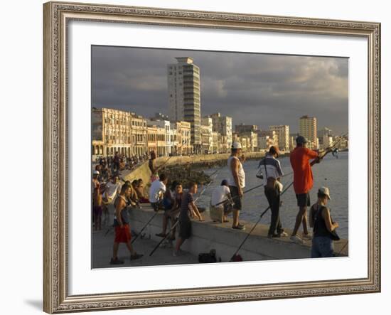 Men Fishing at Sunset, Avenue Maceo, El Malecon, Havana, Cuba, West Indies, Central America-Eitan Simanor-Framed Photographic Print
