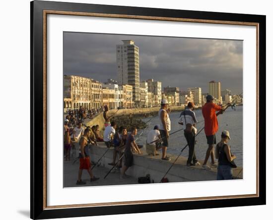 Men Fishing at Sunset, Avenue Maceo, El Malecon, Havana, Cuba, West Indies, Central America-Eitan Simanor-Framed Photographic Print