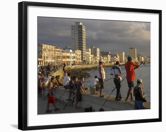 Men Fishing at Sunset, Avenue Maceo, El Malecon, Havana, Cuba, West Indies, Central America-Eitan Simanor-Framed Photographic Print