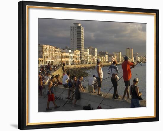 Men Fishing at Sunset, Avenue Maceo, El Malecon, Havana, Cuba, West Indies, Central America-Eitan Simanor-Framed Photographic Print