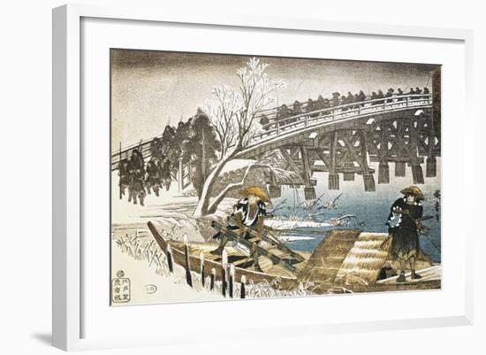 Men in Boat on River with Bridge and Snowy Landscape in Background-null-Framed Giclee Print