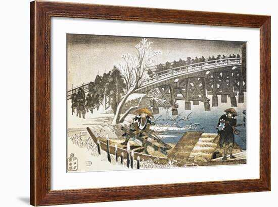 Men in Boat on River with Bridge and Snowy Landscape in Background-null-Framed Giclee Print