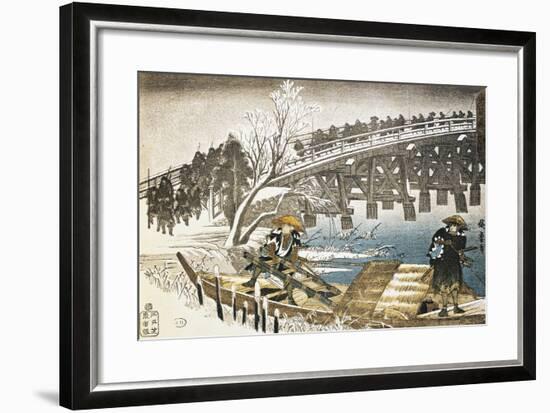 Men in Boat on River with Bridge and Snowy Landscape in Background-null-Framed Giclee Print