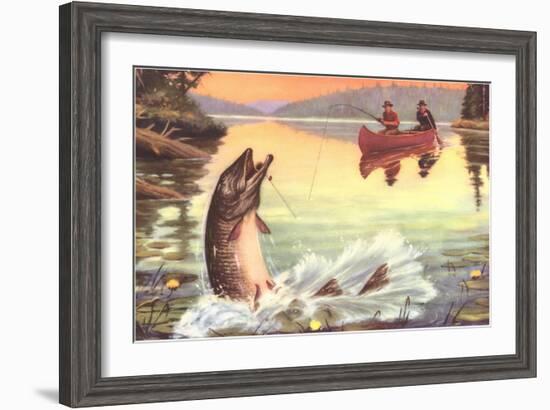 Men in Canoe Hooking Large Fish-null-Framed Art Print