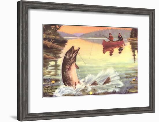 Men in Canoe Hooking Large Fish-null-Framed Art Print