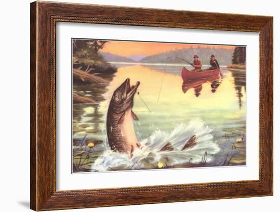 Men in Canoe Hooking Large Fish-null-Framed Art Print