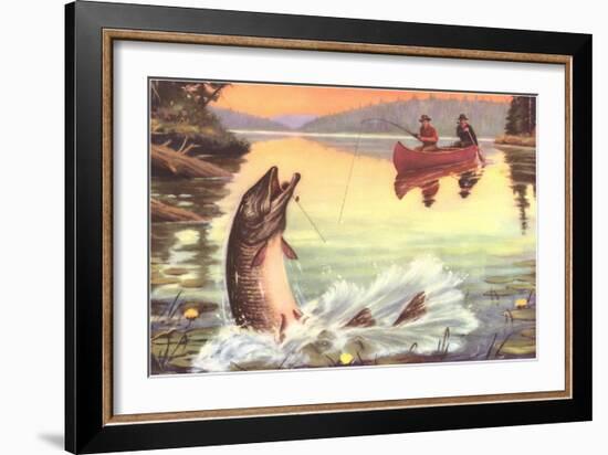 Men in Canoe Hooking Large Fish-null-Framed Art Print