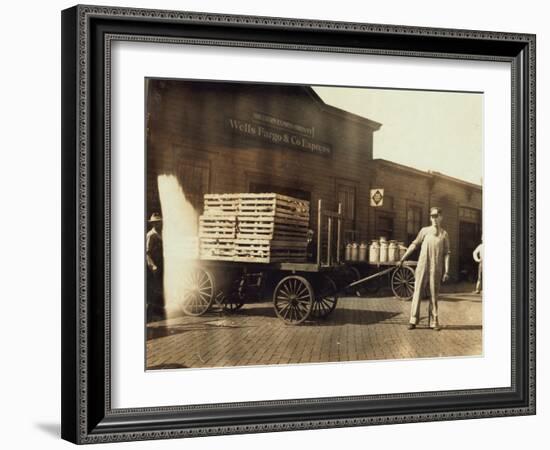 Men in Front of a Wells Fargo and Co Express Depot with Crates and Milk Cans, Missouri, 1916-Lewis Wickes Hine-Framed Photographic Print