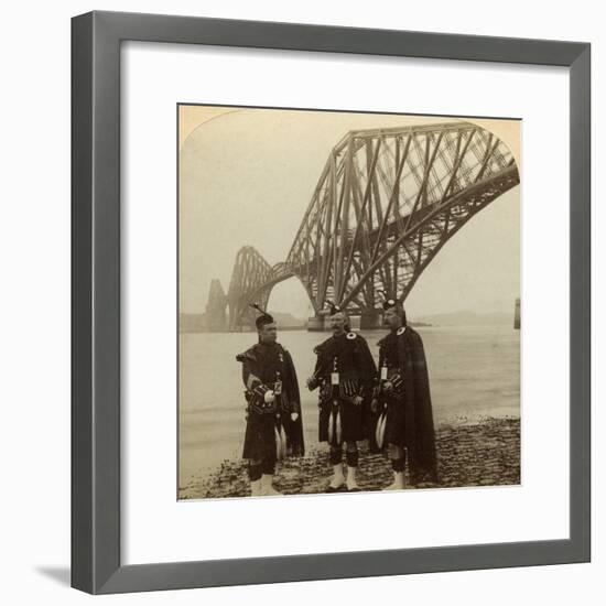 Men in Highland Dress in Front of the Forth Bridge, Scotland-Underwood & Underwood-Framed Photographic Print