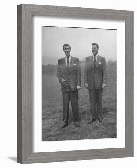 Men in Suits are Sprayed with Hose, Wool Blended with New Material Dacron vs Tropical Worsted Suit-Al Fenn-Framed Photographic Print