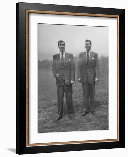 Men in Suits are Sprayed with Hose, Wool Blended with New Material Dacron vs Tropical Worsted Suit-Al Fenn-Framed Photographic Print