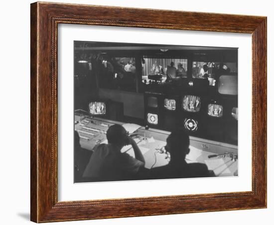 Men in the Control Room Watching the Ed Sullivan Television Show-Ralph Morse-Framed Photographic Print