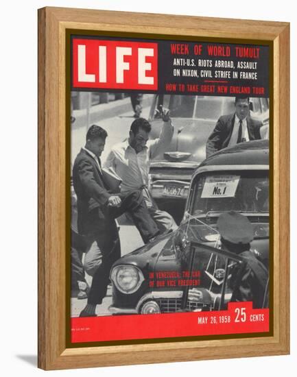 Men Kicking Car of Vice Pres Richard Nixon, South American Goodwill Trip, Venezuela, May 26, 1958-Paul Schutzer-Framed Premier Image Canvas