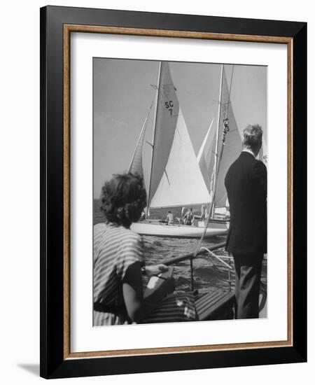 Men Lining their Sailboats Up at the Start Line at the Seawanhaka Yacht Club-Nina Leen-Framed Photographic Print