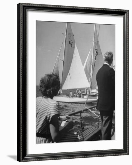 Men Lining their Sailboats Up at the Start Line at the Seawanhaka Yacht Club-Nina Leen-Framed Photographic Print