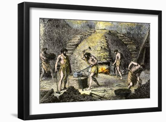 Men of Prehistory Learning to Forge Tools, Beginning of the Iron Age. Colourful Engraving of the 19-null-Framed Giclee Print