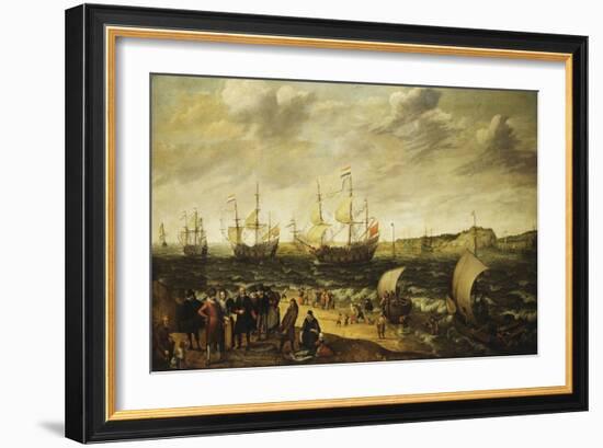 Men-Of-War Sailing Out of an Estuary with Figures in the Forground-Adam Willaerts-Framed Giclee Print