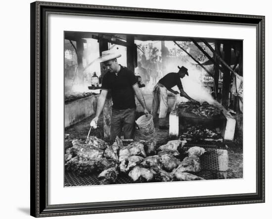 Men Preparing Chicken and Pork During Swamp Barbeque-null-Framed Photographic Print