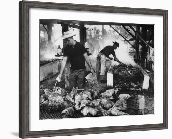 Men Preparing Chicken and Pork During Swamp Barbeque-null-Framed Photographic Print