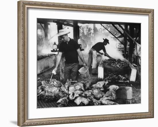 Men Preparing Chicken and Pork During Swamp Barbeque-null-Framed Photographic Print